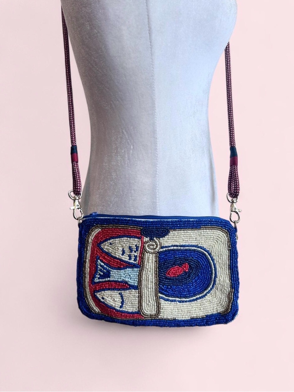Ink + Alloy Hand Beaded Leila Sardine Crossbody Clutch With Nylon Cord Strap